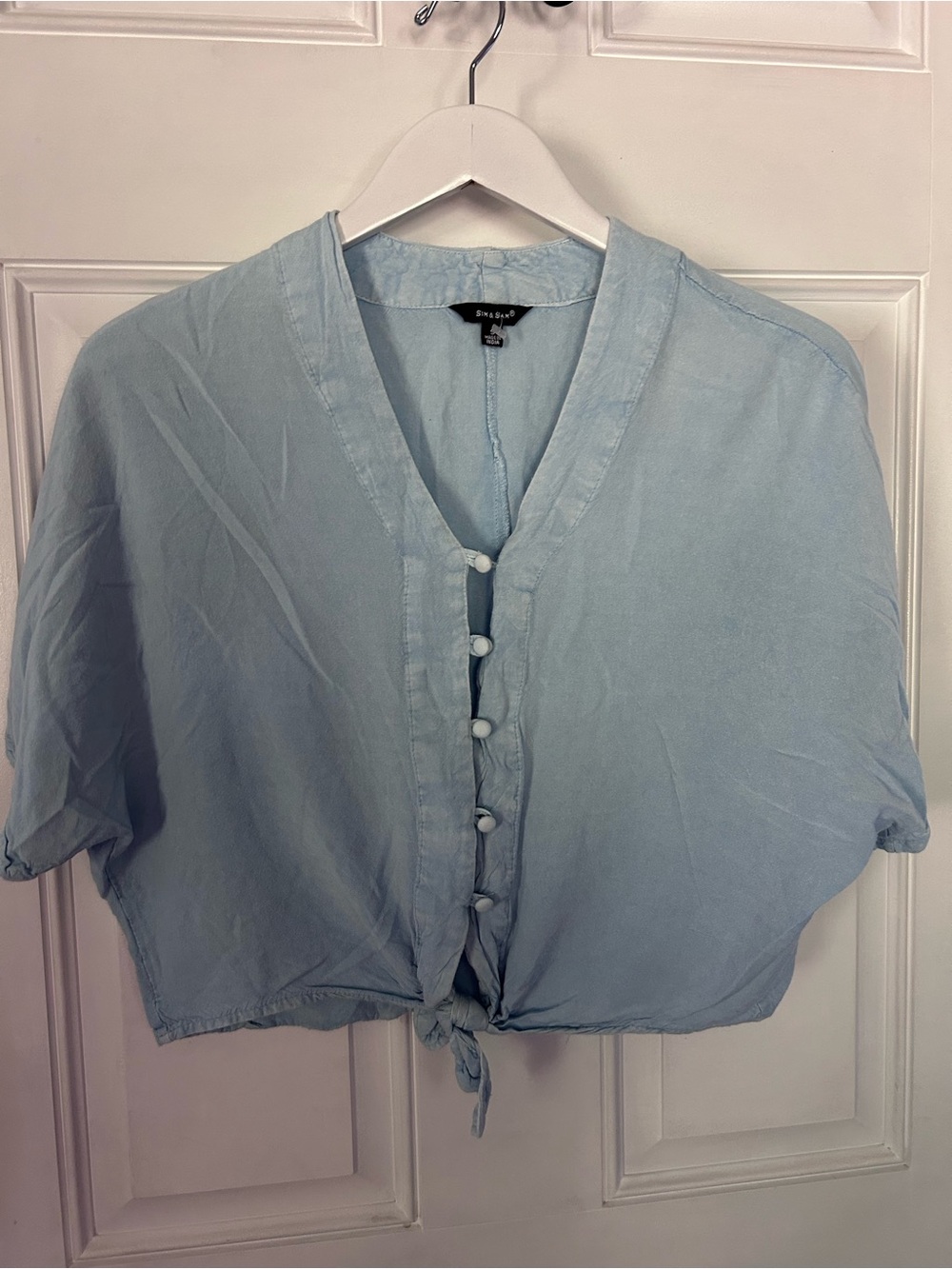 Sundry Light Blue Tie-Front Short Sleeve Crop Top